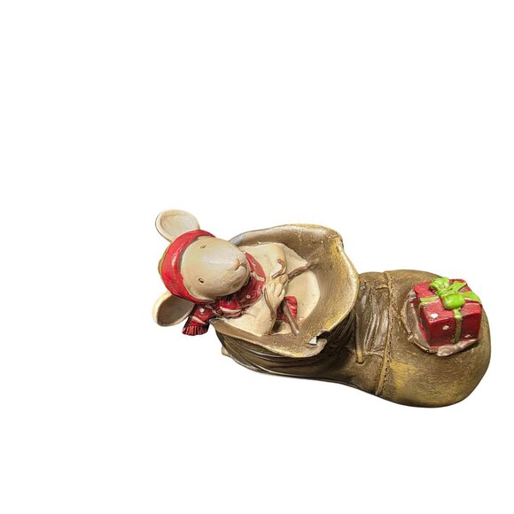 Holiday Mouse In Brown Boot Sled With Red Scarf & Green Figurine - Picture 8 of 10